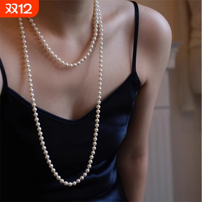 毛衣链施家仿珍珠项链超长轻奢小众新款复古高级感双层多层叠戴