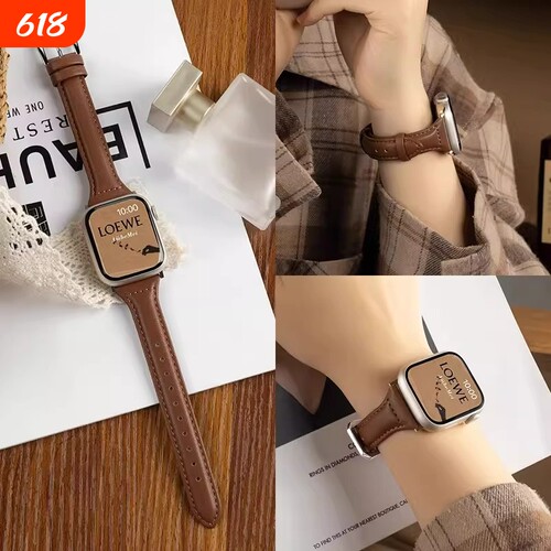苹果iWatchs10手表表带applewatch9, 8, 7se高级感真皮质腕带透气男女红色棕色粉色黑色紫色绿色小蛮腰适用/