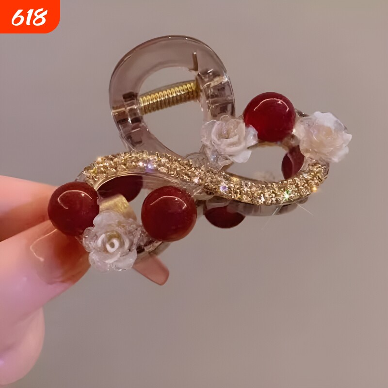 新款水钻珠子半扎鲨鱼夹花朵6厘米中号抓夹后脑勺洋气盘发夹时尚