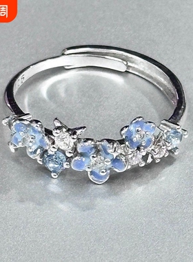 “星辰花戒”花朵小繁蓝色可调节银色戒指女甜美小众食指戒不掉色