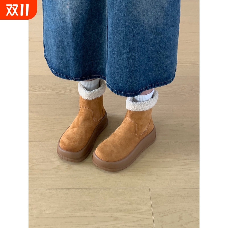 版棕色羊羔毛圆头厚底雪地靴女2025冬新款加绒加厚棉靴防水毛绒