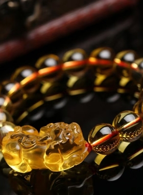 爆款情侣款巴西黄水晶暴力黄手链手串高端仿首饰饰品礼物三圈貔貅