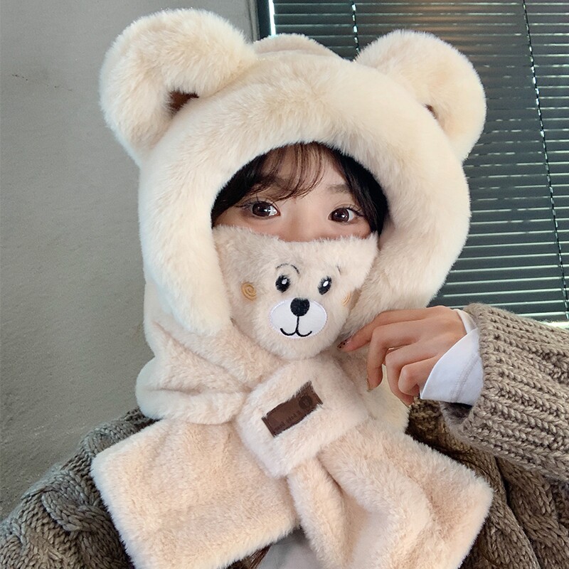 小熊帽子冬季女围巾一体连帽保暖防寒口罩围脖三件套2025新款护耳