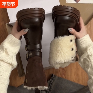 棕色英伦厚底加绒马丁靴女款2025新款冬季保暖加厚雪地短靴子防水