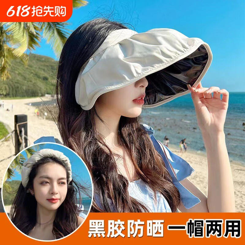 夏季新防晒遮阳帽贝壳帽女款运动空顶遮脸防风大帽檐折叠黑胶大檐