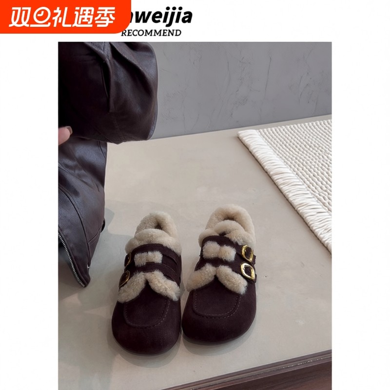 一脚蹬豆豆鞋子乐福鞋勃肯鞋冬季雪地靴内增高毛鞋女保暖加绒棉鞋