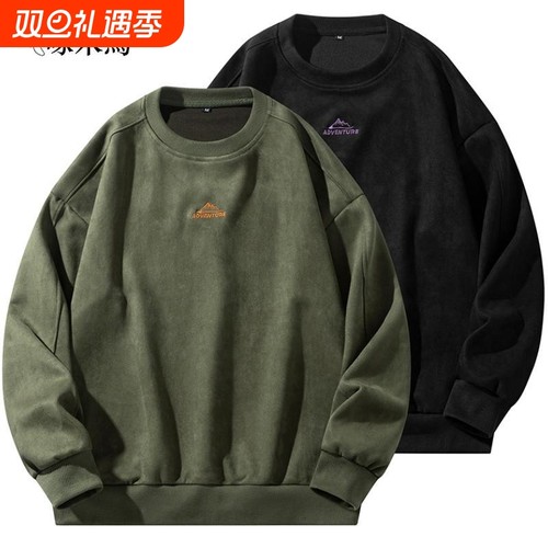 啄木鸟运动卫衣男士春秋圆领上衣2025新款打底衫重磅麂皮绒男子