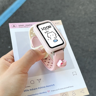 通用男女腕带7 10反扣硅胶智能运动荣耀9NFC版 6Pro透气替换带透明紫色白色 8表带新款 粉色小猫适用华为手环9