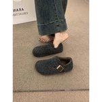 毛毡加绒勃肯鞋女2025秋冬新款一脚蹬保暖棉鞋毛呢乐福鞋灰色毛绒