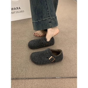 毛毡加绒勃肯鞋女2025秋冬新款一脚蹬保暖棉鞋毛呢乐福鞋灰色毛绒