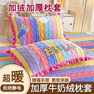 秋冬季 48x74cm加厚枕头枕芯套家用长方形草莓 牛奶绒枕头套一对装
