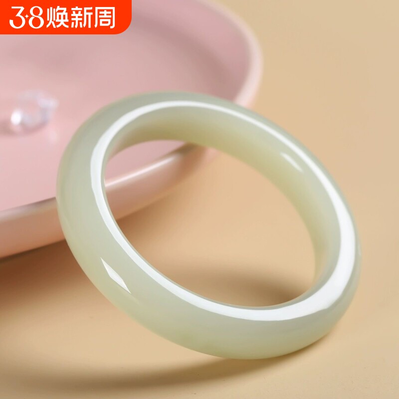 爆款新疆羊脂玉白镯和田玉同款女镯子晴水圆条白玉晴水手镯仿女款