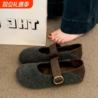 灰色加绒呢子勃肯鞋女2025秋冬新款毛毡平底豆豆鞋毛毛玛丽珍棉鞋