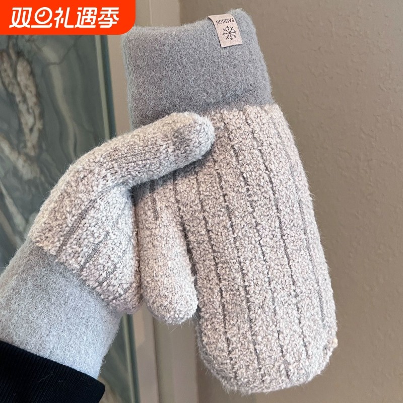 无指手套冬季女加厚保暖毛绒双层连指防风防寒新款学生骑行高颜值