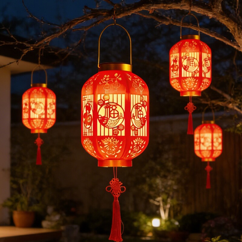 太阳能红灯笼新款过年元小灯笼装饰挂饰庭院阳台福字挂树吊灯户外
