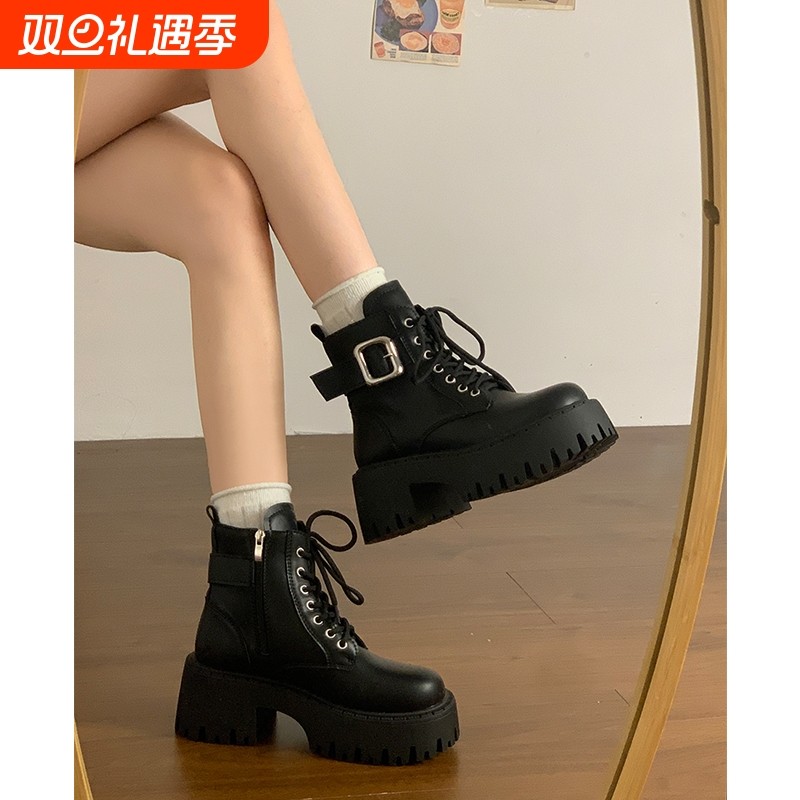 英伦风马丁靴女款2025新款秋冬季小个子增高短筒靴子高跟粗跟黑色