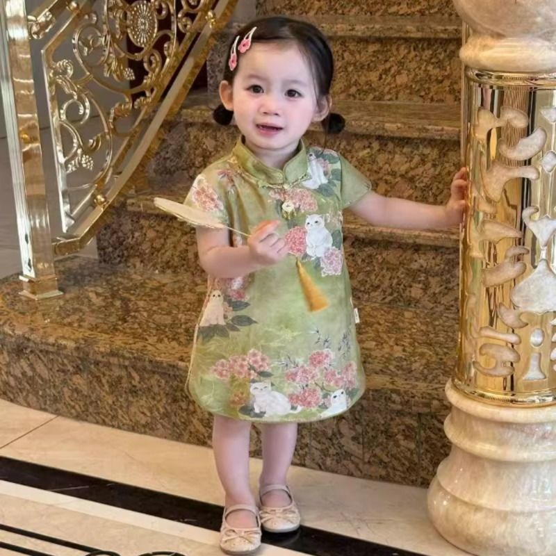 夏季婴儿衣服中式连衣裙宝宝短袖古风裙子汉服周岁礼服女童旗袍裙