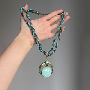 波西米亚中古蓝色麻花米珠项链女小众民族风古铜镜锁骨链 寻光