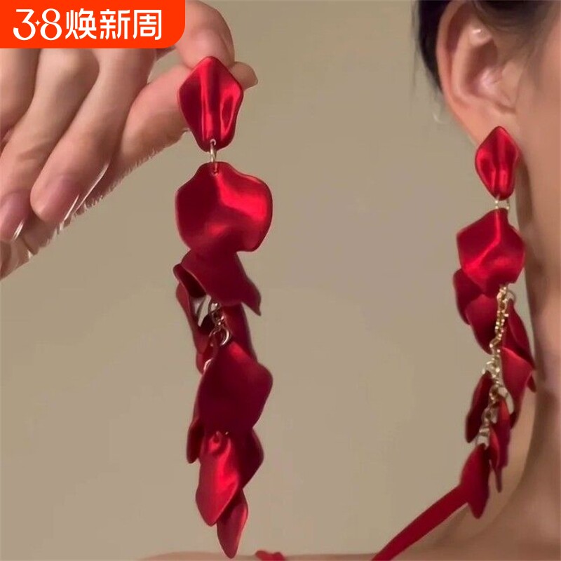复古夸张长款红色花瓣耳环韩式气质高级感花朵耳坠氛围感新娘耳饰