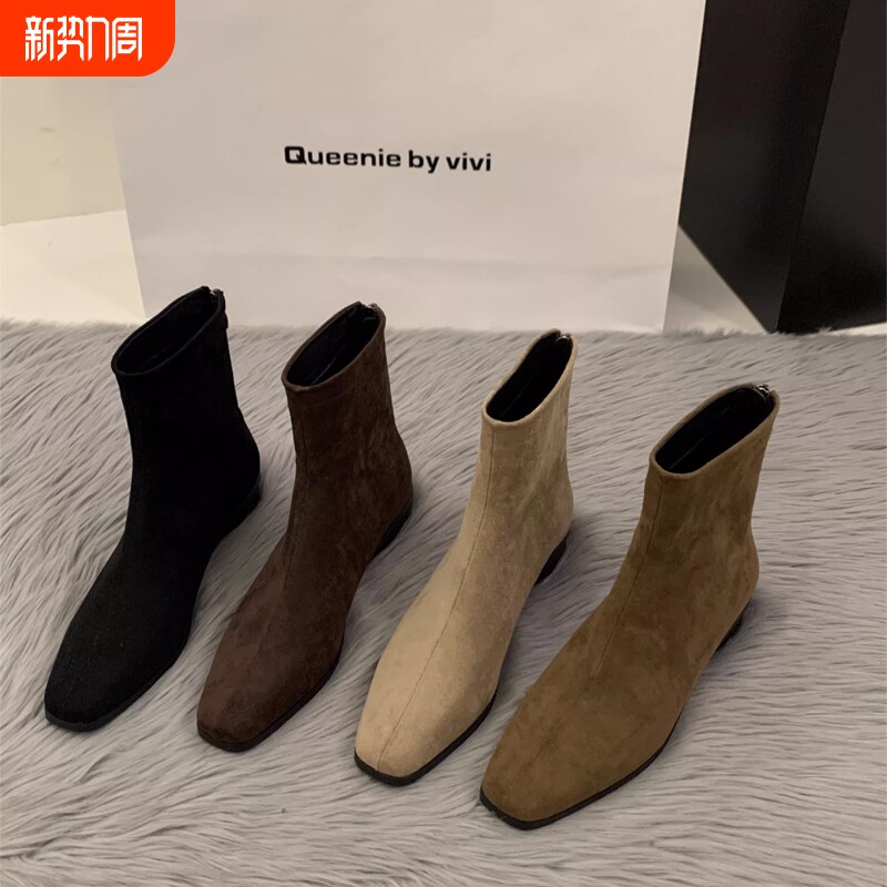 短靴女2025秋冬新款显瘦粗跟靴子法式弹力绒面瘦瘦靴女方头中跟