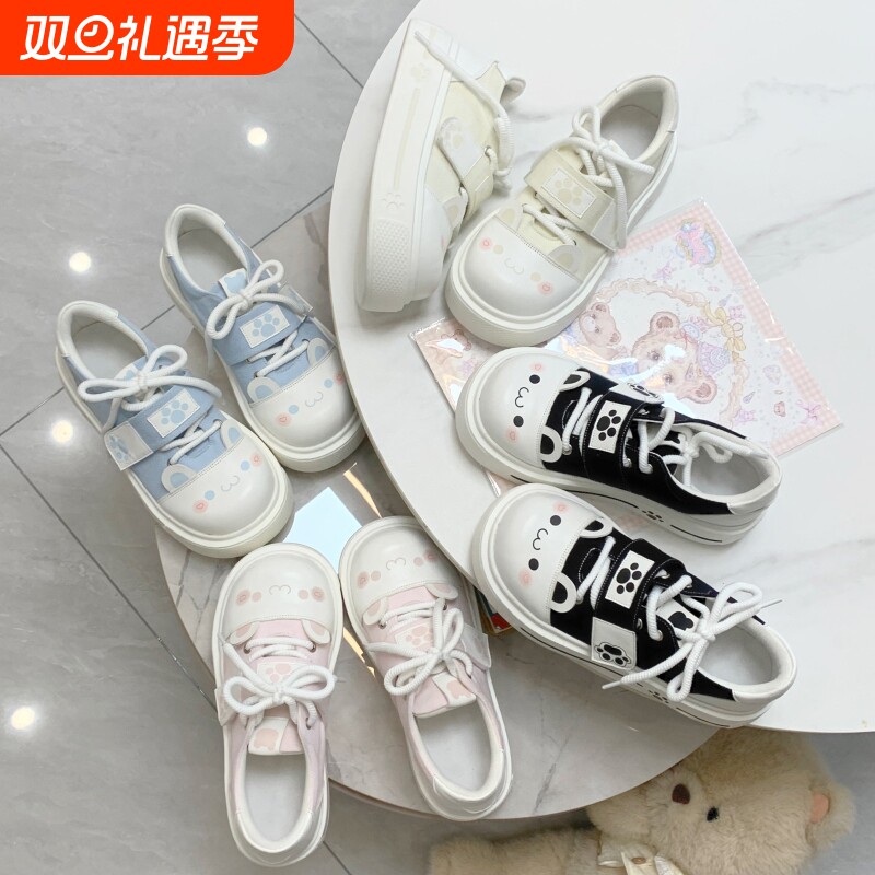 宅系圆滚滚可爱软萌lo鞋大头厚底帆布鞋女增高lolita冬季加绒板鞋