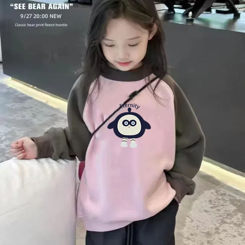 女童纯棉卫衣新款大童插肩秋冬加绒儿童长袖圆领上衣服E粉色休闲