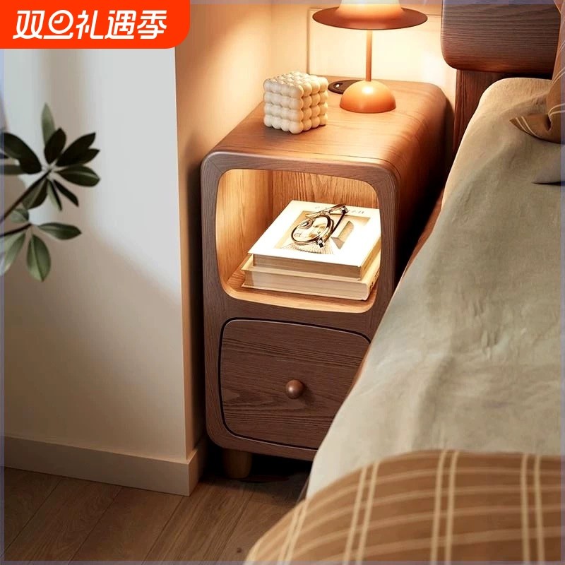 床头柜实木卧室边柜简约床边储物小柜子小型极窄收纳原木色充电