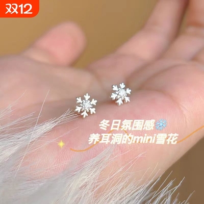 小雪花耳钉女S925镀银养耳洞秋冬百搭网红耳环小众设计高级感耳饰