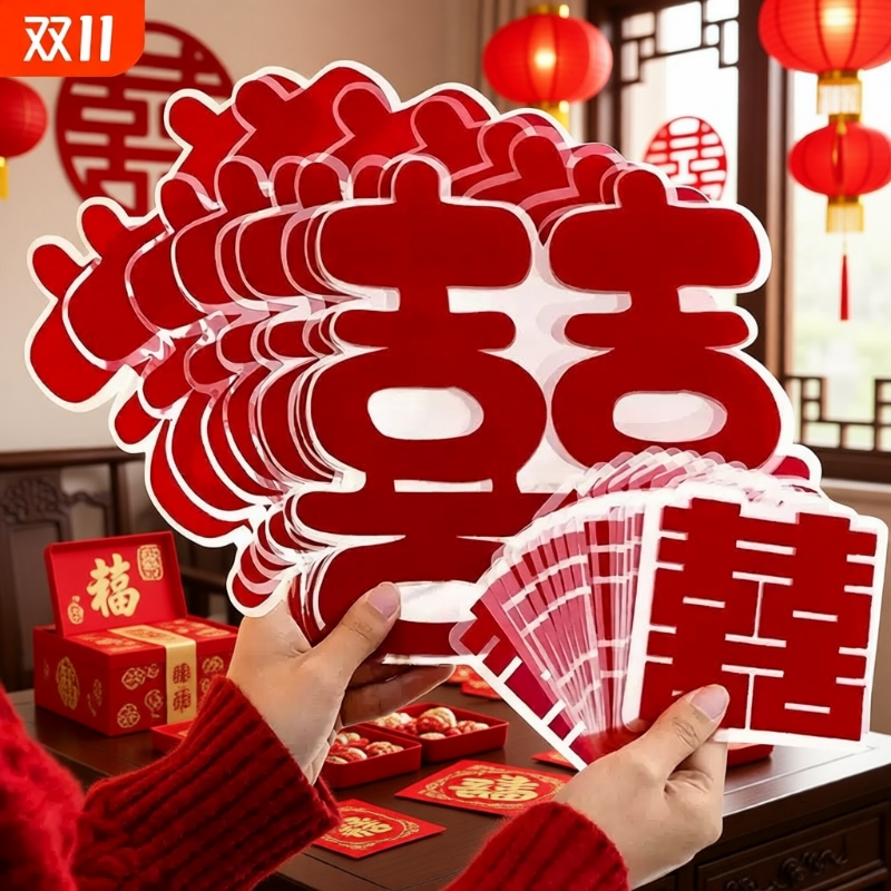 植绒喜囍字静电贴客厅婚房布置窗户窗花玻璃门贴纸装饰结婚礼专用