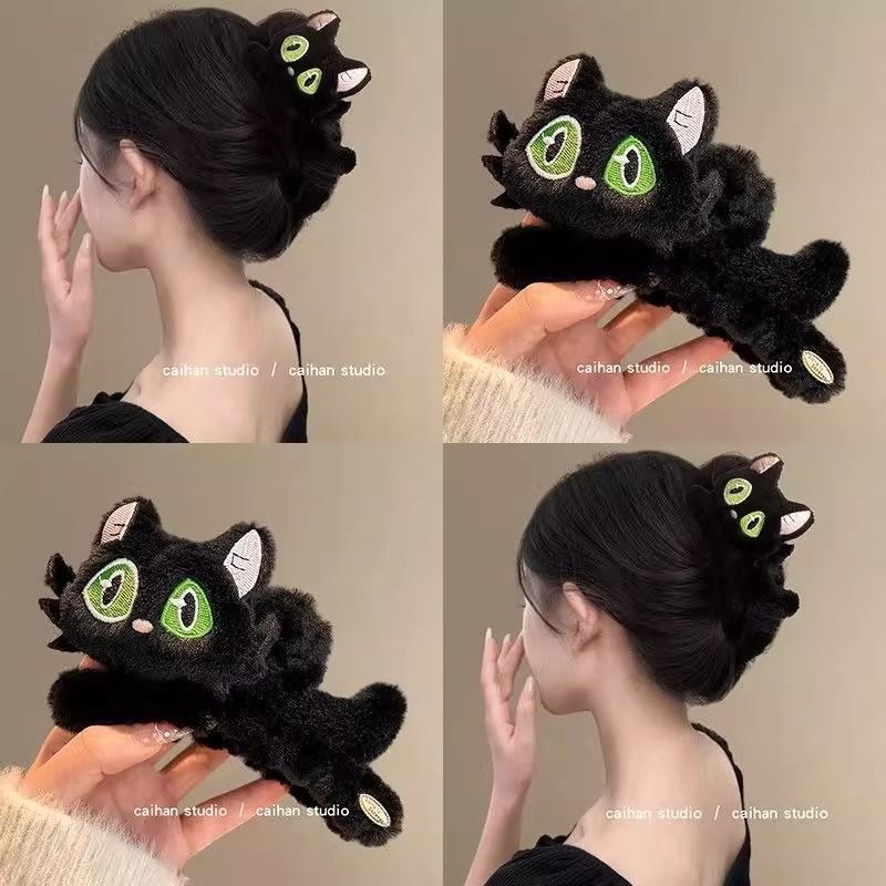 黑色可爱猫咪毛绒绒抓夹女秋冬新款大号发夹头发盘发夹鲨鱼夹头饰