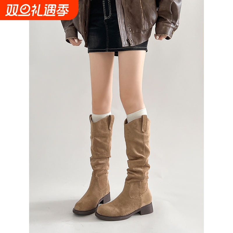 显瘦V口堆堆靴子女长筒靴2025秋冬新款美西部牛仔骑士靴高跟高筒