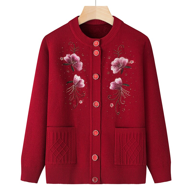 中老年人秋冬装毛衣女款奶奶加绒加厚外套妈妈装针织开衫保暖上衣