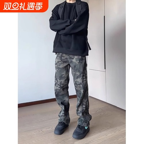 迷彩牛仔工装裤男款秋季美式复古vibe运动伐木裤子显瘦直筒裤微喇