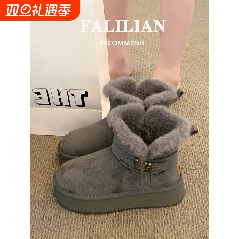 厚底灰色雪地靴女2025新款冬季鞋子加绒加厚雪地棉靴短筒保暖棉鞋
