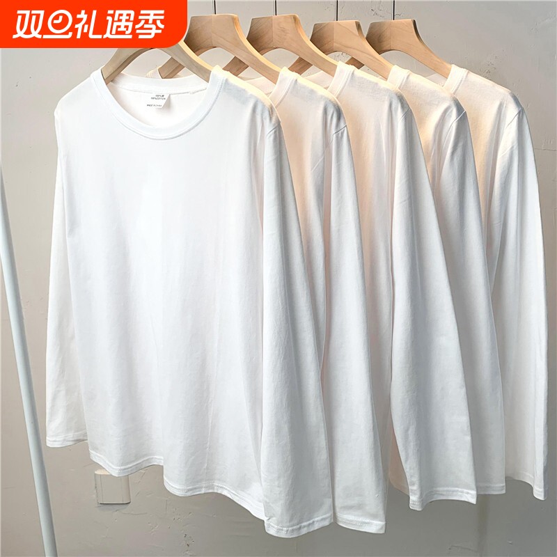 新款重磅纯棉长袖t恤男士~纯白色内搭秋冬打底衫2025情侣上衣袖