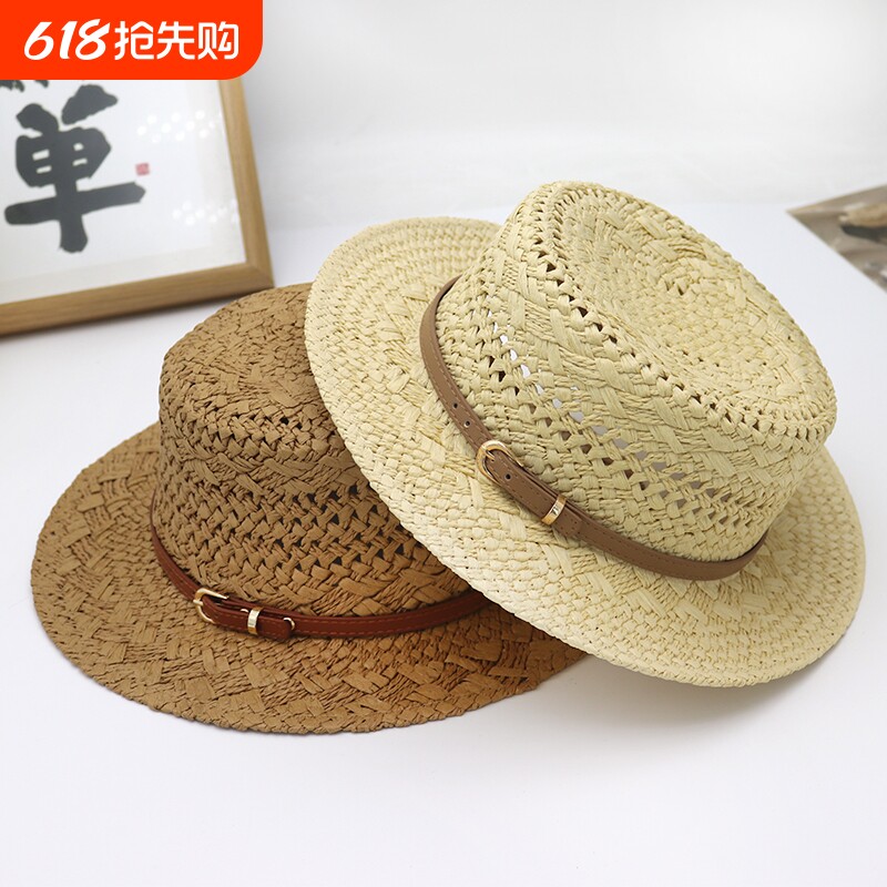 英伦风复古平顶草帽女夏季镂空遮阳防晒帽海边度假风草编太阳帽子