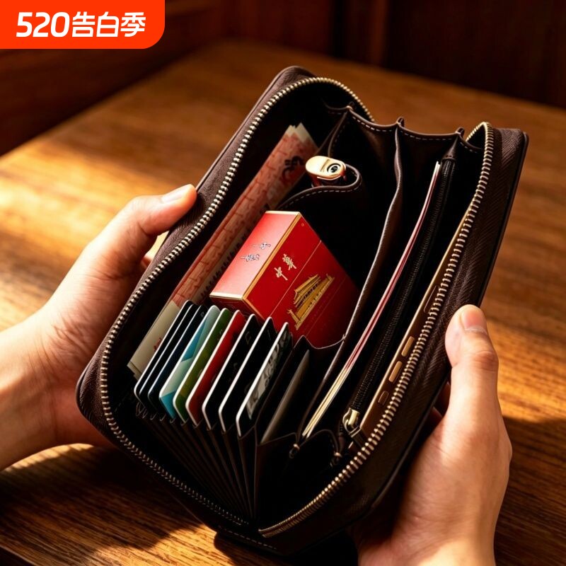 复古疯马皮手工皮夹男士头层牛皮钱包大容量真皮长款钱夹拉链手包