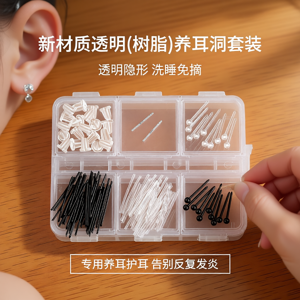 透明树脂耳钉套装养耳洞专用耳棒女透明隐形学生防堵针硅胶耳骨钉