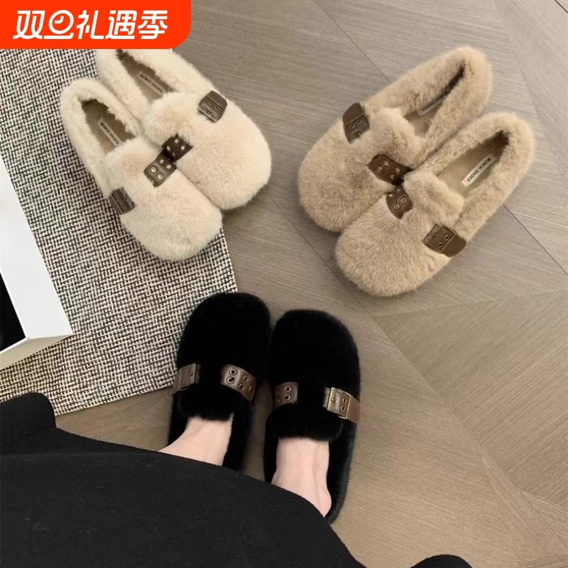 水貂毛毛鞋女2025秋冬季一脚蹬豆豆鞋女加绒棉鞋黑色白色毛绒平底