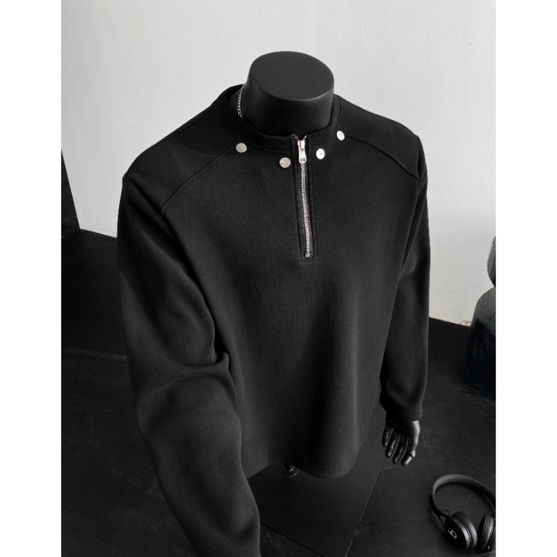黑色半拉链长袖T恤男款秋冬季设计感铆钉拼接潮流痞帅打底衫上衣