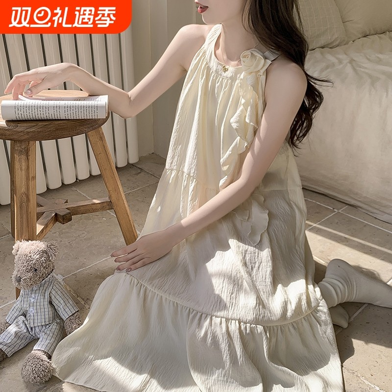 云朵棉吊带睡裙女夏季2025新款公主风睡衣带胸垫少女家居服中长款