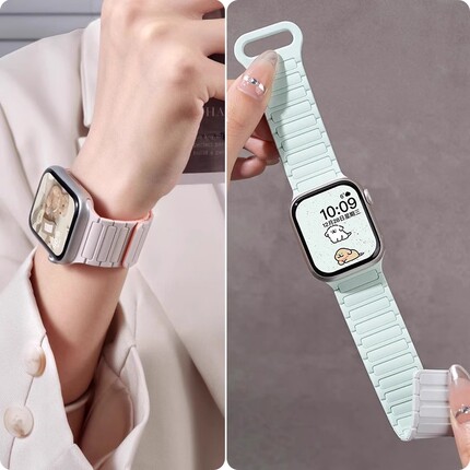 明星同款适用苹果S10手表带磁吸iwatch9表带applewatch8硅胶运动S7腕带Ultra男SES6女S5创意高级秋冬款49智能