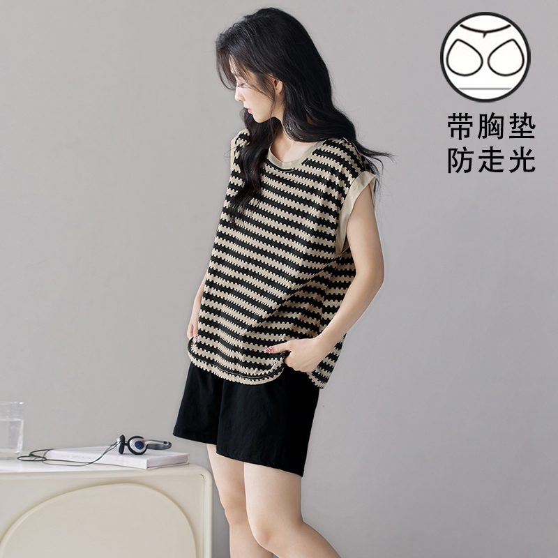女生睡衣夏季无袖上衣短裤自带胸垫可外穿时尚舒适家居服薄款条纹
