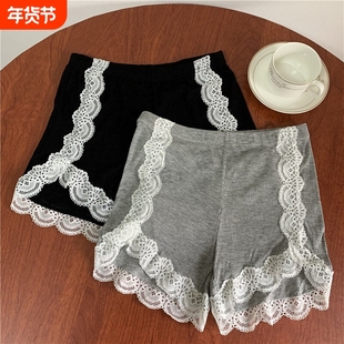 夏季安全裤女防走光侧花边打底裤女纯棉蕾丝三分打底短裤白色黑色