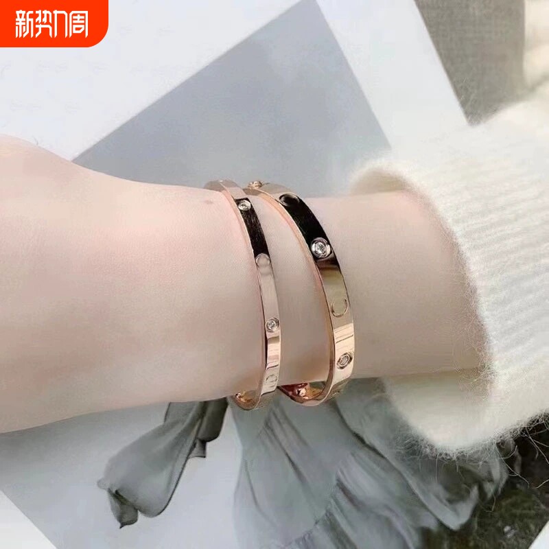 经典款手镯男女款18K玫瑰金宽窄版镶钻情侣款轻奢百搭手环不掉色