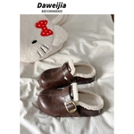 复古皮面加绒勃肯鞋女2025年冬季新款厚底一脚蹬包头半拖鞋棉拖鞋