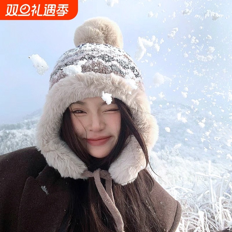 加厚加绒保暖雷锋帽子女秋冬季针织费尔岛护耳帽东北防寒红色黑色