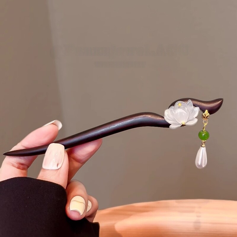 古风双面莲花檀木簪子女中式步摇流苏盘发簪子简约发钗旗袍头饰