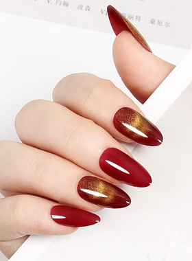 短法式金光猫眼穿戴甲片24片成品指甲贴片杏仁甲美甲片欧美红色