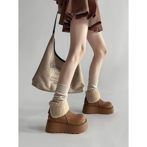 时尚部落增高雪地靴子女2025年秋冬加绒加厚底头勃肯棉鞋防水棕色